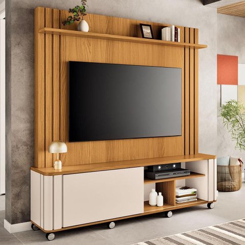 Estante Painel para TV 70 pol com Rodízios Linus B01 Cinamomo Off White - Lyam Decor