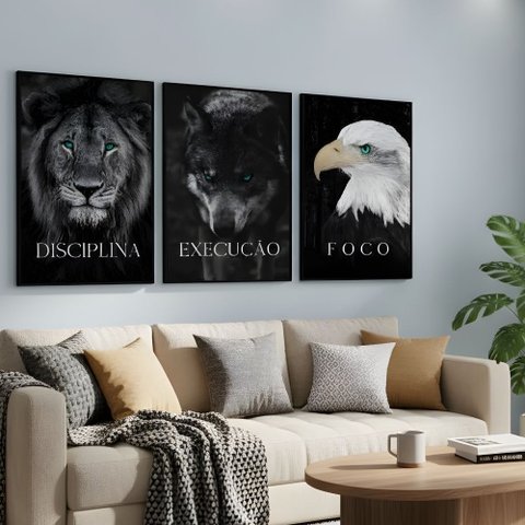Kit 3 Quadros Disciplina Execução Foco Motivação Moldura:preta