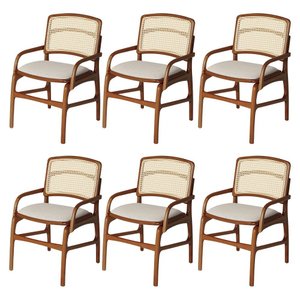 Conjunto 6 Cadeiras de Cozinha Florença em Madeira Jequitibá Terra Braço Encosto Palha Linho Bege