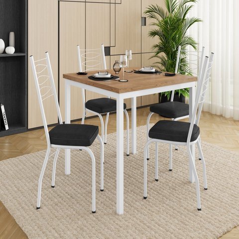 Conjunto Sala de Jantar Mesa Quadrada 90cm Tampo BP com 4 Cadeiras Adriana Branco/Preto/Demolição