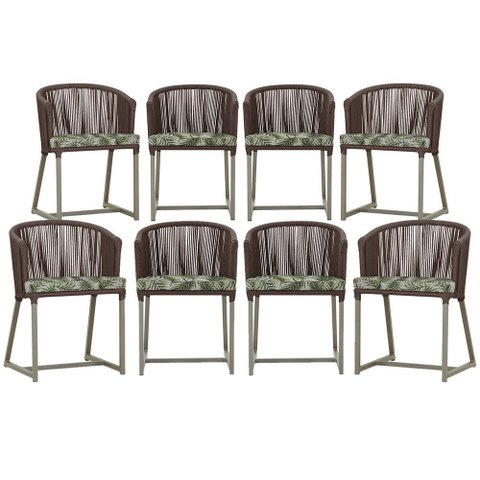 8 Cadeiras de Jantar Área Noronha em Alumínio com Pintura Fendi Corda Náutica Estofado 5 Trama Origi