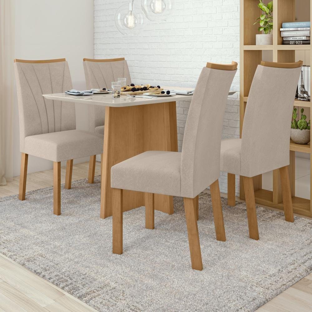 Conjunto Mesa de Jantar Celebrare 1,20 C/ Vidro e 4 Cadeiras Apogeu Tecido Veludo Naturale Creme