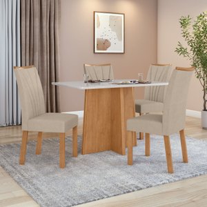 Conjunto Mesa de Jantar Celebrare 1,20 C/ Vidro e 4 Cadeiras Apogeu Tecido Veludo Naturale Creme