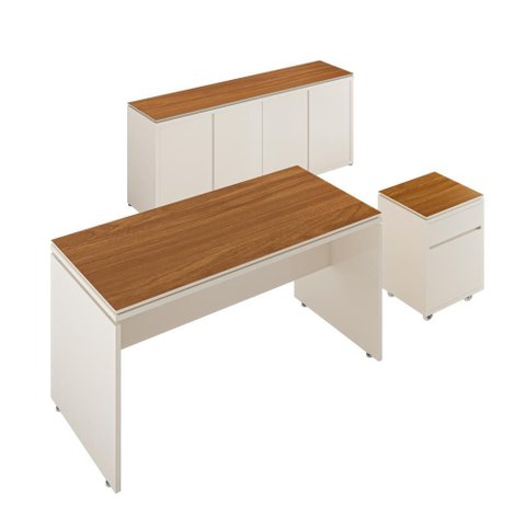 Conjunto de Escritório Office 3 Peças Mesa Gaveteiro Balcão Hera - Via Nossa - Off White e Cedro
