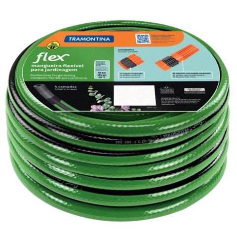 Mangueira de Jardim Flex Tramontina Pvc 10m Reforçada Verde Faixa Preta Engate Rosqueado e Esguicho