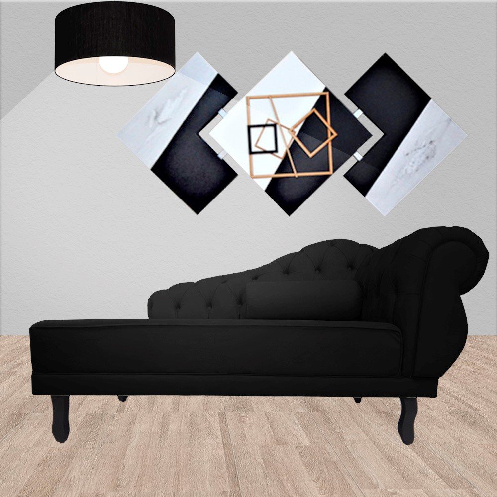 Recamier Decorativo Divã Larissa Lado Esquerdo Couro Preto Pés Madeira Ms Decor - 3