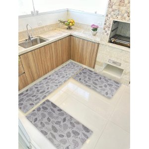 Kit 3 Peças Jogo Cozinha Passadeira Emborrachada Não Derrapa Folhas Dark