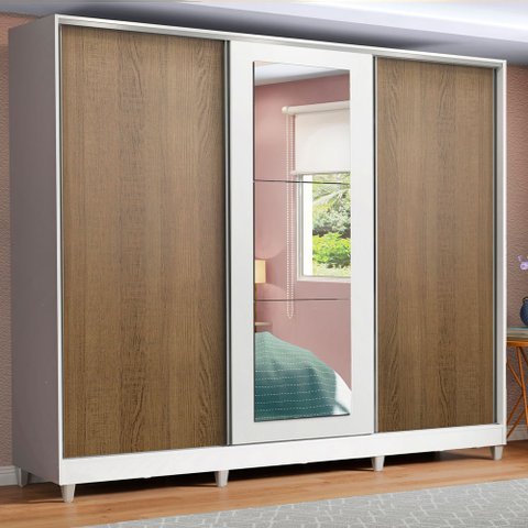 Guarda-Roupa Casal 100% MDF Madesa Eros 3 Portas de Correr com Espelho com Pés Branco/Rustic/Branco