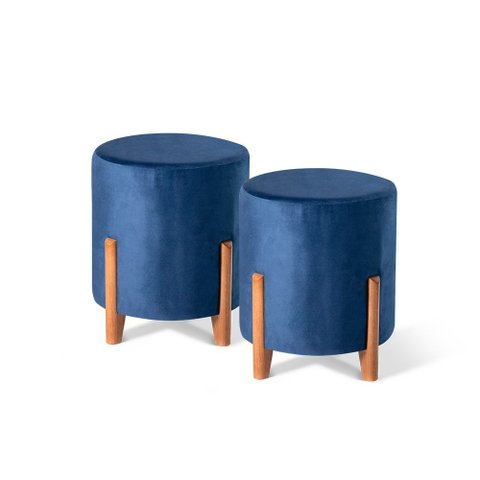 Kit 02 Puffs Decorativo Redondo em Suede Cor Marinho