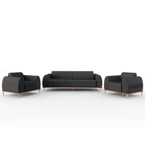 Kit Sofá 2 Lugares 150cm Com 2 Poltronas Molino Pés D'ouro D02 Linho Cinza Escuro C-416 - Lyam