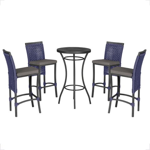 Mesa Bistro e 4 Banquetas Roma Preta Corda Náutica 11 Trama Original