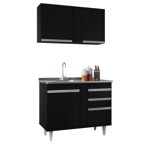 Armário Aéreo Indiana e Balcão Gabinete 100cm com Pia Inox Luziania Preto - Lumil Lumil Móveis India