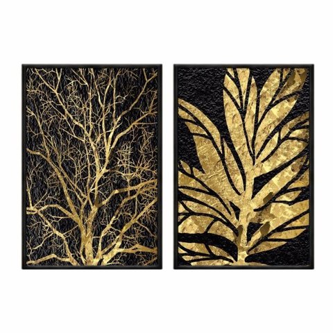 Kit 2 Quadros Decorativos - Arte Moderna Galhos Dourados Art047 - Vidro com Impressão Uv- 60x80cm C