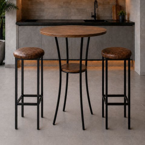 Conjunto Mesa Alta Bistrô Porto com 2 Banquetas Estofadas Kassel Cor Marrom - Kmj
