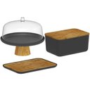 Ver imagem 1 de Conjunto Boleira com Cúpula e Pé Tábua Migalheira Porta Pães com Tampa Preto Plástico Bambu ou