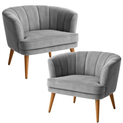 2 Poltronas Italia Veludo Macias Confortaveis Cinza Pés Palito Madeira 67cm 120kg