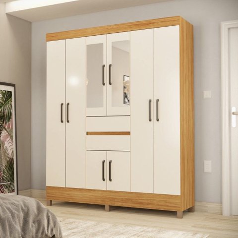 Guarda Roupa Roupeiro Casal 8 Portas 2 Gavetas Munique com Espelho Cinamon Touch Off White Demóbile