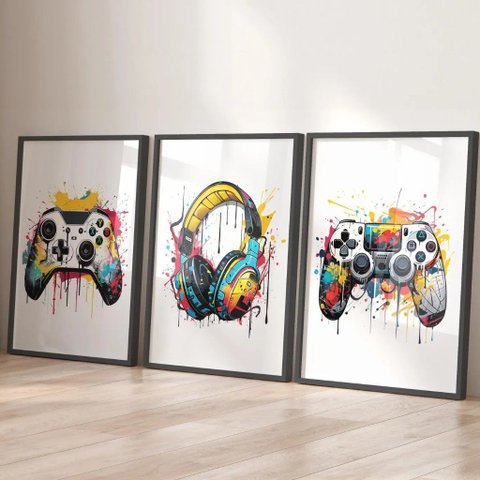 Kit 3 Quadros Decorativos Infantil | Jogos | Quarto Menino - Player NO2 - 30x40 - Moldura Madeira