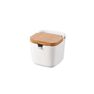 SALEIRO DE MESA DE PORCELANA COM TAMPA DE MADEIRA E COLHER BIANCO