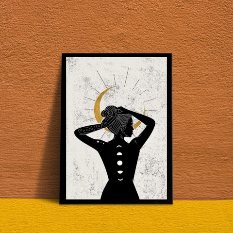 Quadro Decorativo Fases da Lua- Mulher 24x18cm - com Vidro:madeira Branca