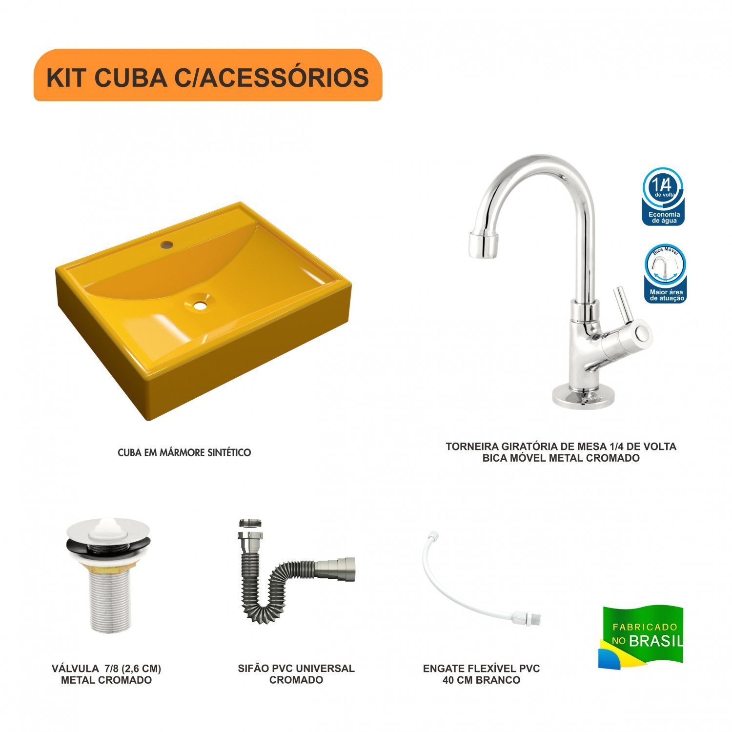 Kit Cuba Rt49 com Torneira 1198 Metal e Válvula 1 Polegada e Sifão Cromado e Flexível Compace - 3