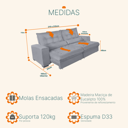 Sofá Retrátil e Reclinável 2,50m Molas Ensacadas Suede Miami - Sofá Casa - 3