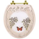 Ver imagem 1 de Assento Sanitário Poliester Oval Bege Claro Decorado Borboleta Vermelha com Ferragem Dourada