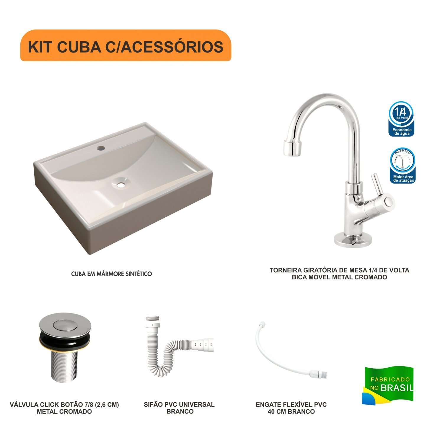 Kit Cuba Rt49 com Torneira 1198 Metal e Válvula Click 1 Polegada B e Sifão Pvc e Flexível Compace - 3