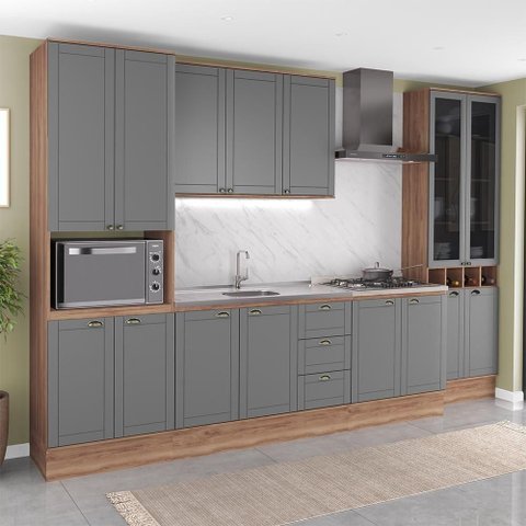 Cozinha Milla Garden 15 Portas 3 Gavetas MDF-MDP 340cm Cinza com Nogal e Titânio Móveis Carraro