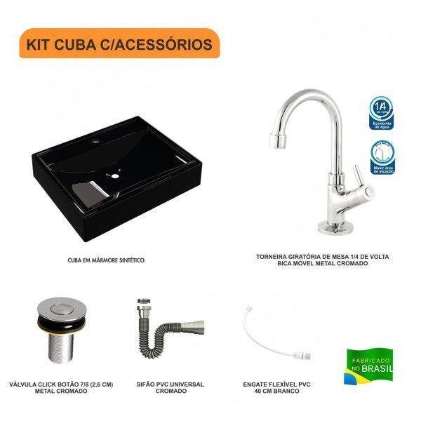 Kit Cuba RT49 com Torneira 1198 Metal e Válvula Click 1 Polegada B e Sifão Cromado e Flexível Compac - 3