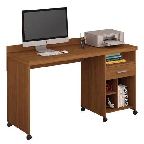 Mesa de Computador Escrivaninha Office Rodízios Gaveta e Nichos Slim:freijó