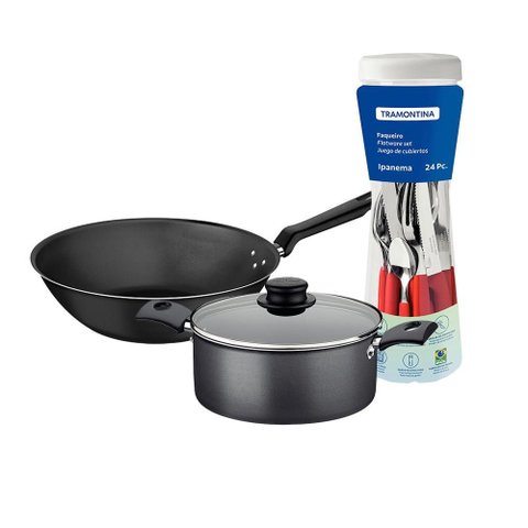 Caçarola Turim Alumínio Chumbo Antiaderente 2,8l + Faqueiro Ipanema Vermelho 24pc + Wok Loreto 3,