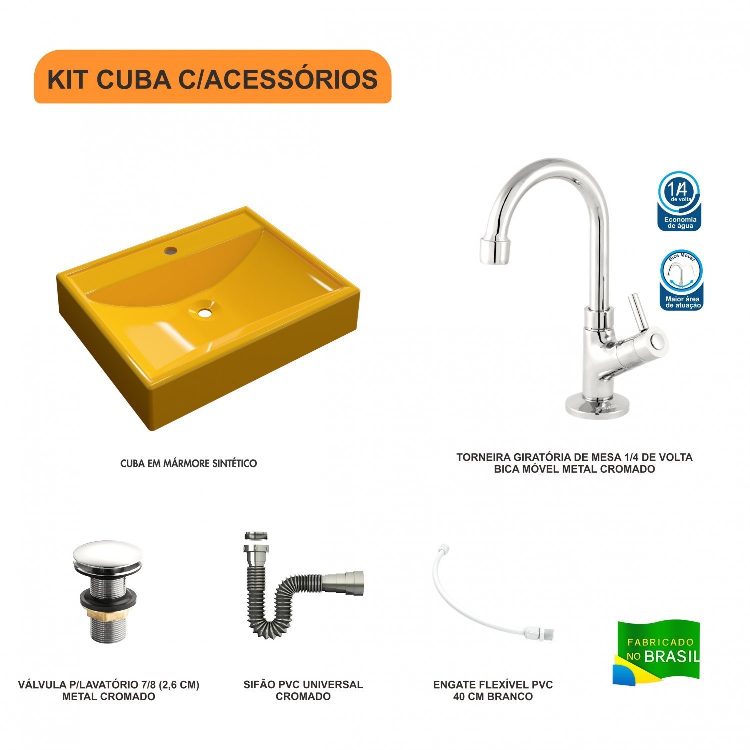 Kit Cuba Rt49 com Torneira 1198 Metal e Válvula Click 1 Polegada G e Sifão Cromado e Flexível Compac - 3