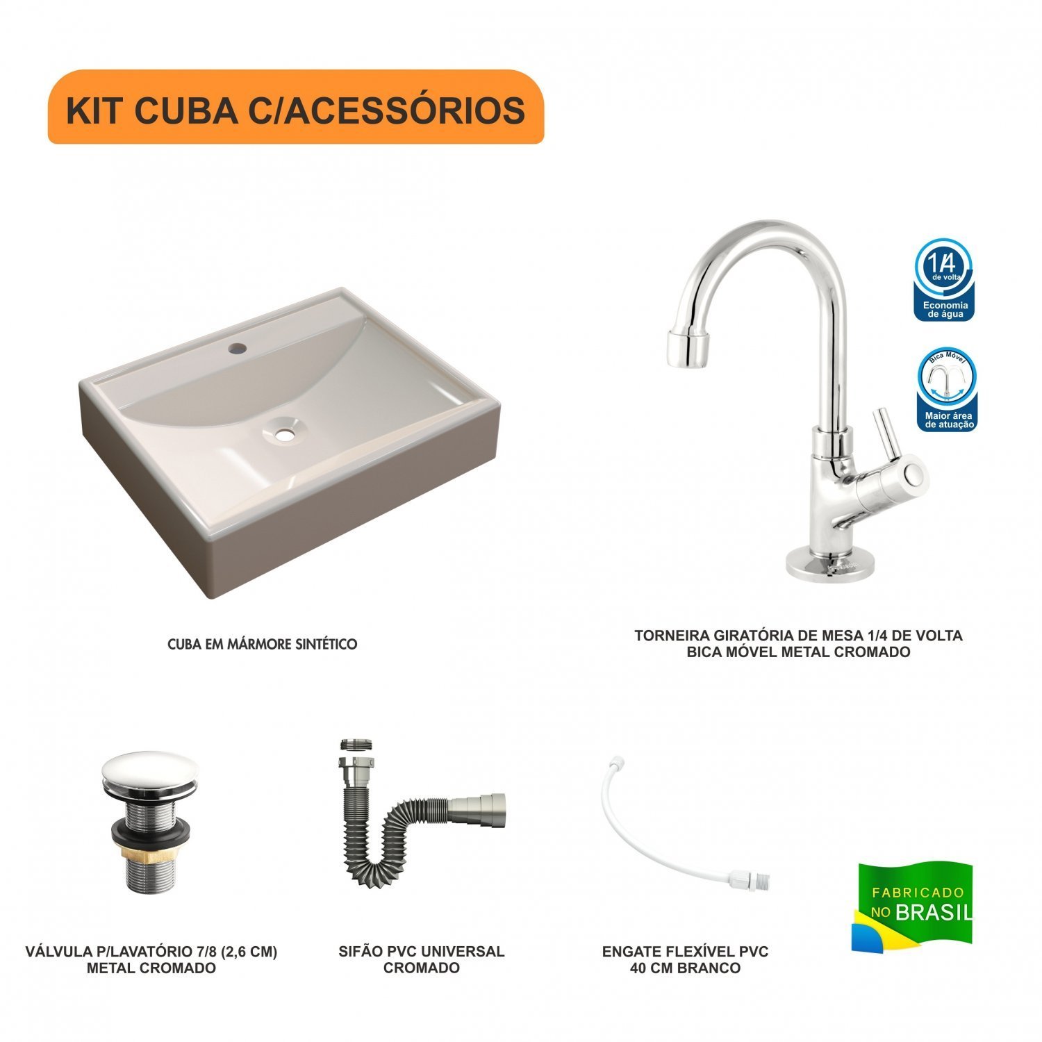 Kit Cuba Rt49 com Torneira 1198 Metal e Válvula Click 1 Polegada G e Sifão Cromado e Flexível Compac - 3