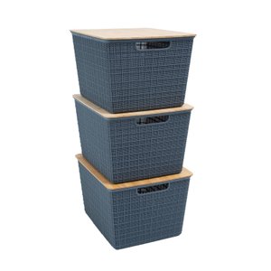 Kit 3 Caixas Organizadoras com Tampa de Bambu 18l Cinza