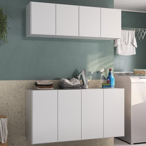 Conjunto Lavanderia Suspenso Multiuso Armário Aéreo e Balcão 4 Portas Multimóveis Mp5052 Branco