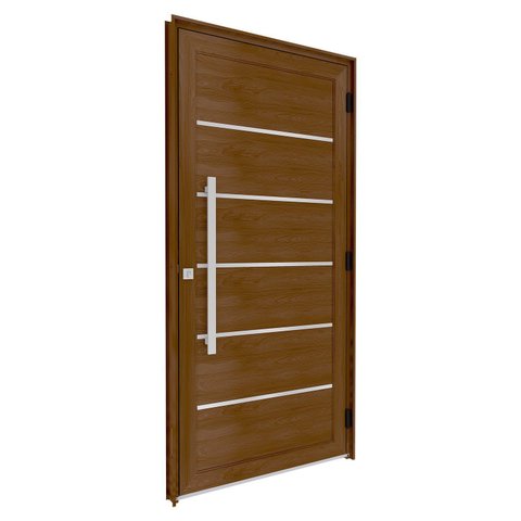 Porta de Alumínio Giro Lambri com Friso Puxador 80cm em Aço Inox 215x105cm Lucasa Eccellente Branco Amadeirado