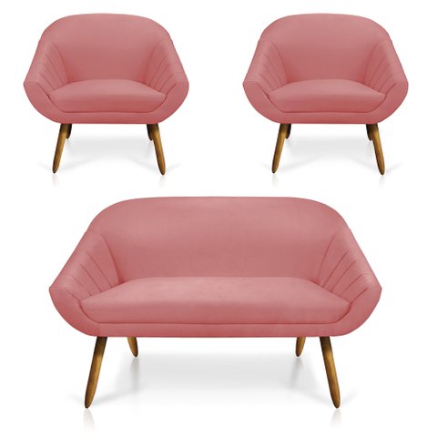 Kit 01 Namoradeira 02 Lugares e 02 Poltronas Giovana Suede Pés Palito Castanho - D’Rossi - Rose