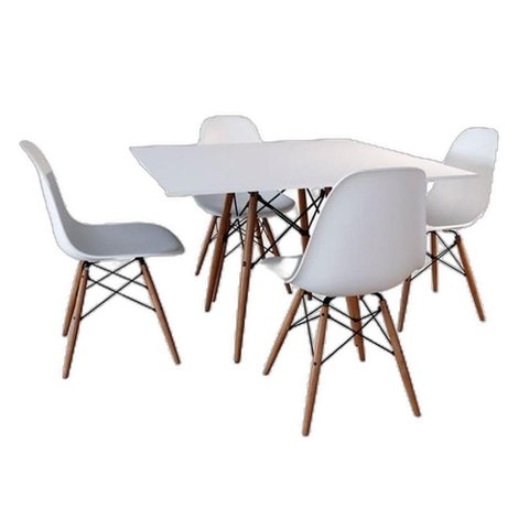 Conjunto de Mesa de Jantar Eames Eiffel Quadrada 90x90cm Tampo de Madeira Branco com 4 Cadeiras Bran