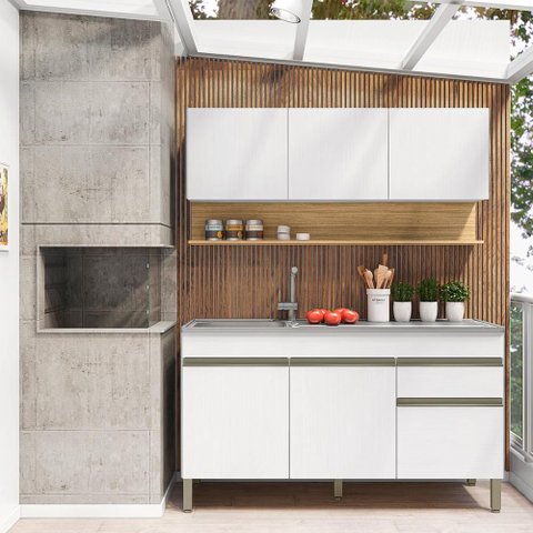 Kit Cozinha Line 02 Peças Balcão sem Tampo 150 Cm Cinza Gris - Branco Supremo