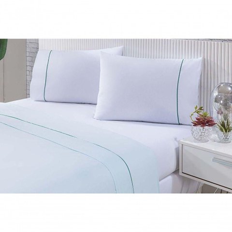 Jogo de Cama 100% Algodão Percal 150 Fios Solteiro Gran Moratta 3 Peças - Branco e Verde