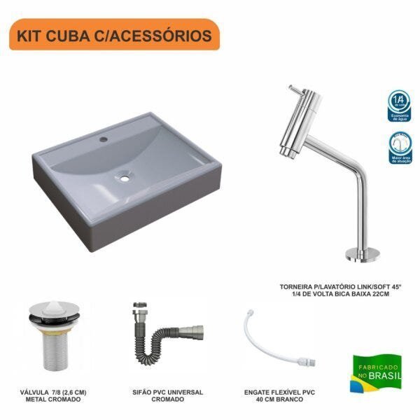 Kit Cuba RT49 com Torneira Pratika 1060 Metal e Válvula 1 Polegada e Sifão Cromado e Flexível Compac - 3