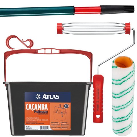 Bandeja Caçamba Pintura 10l com Alça + Suporte Garfo + Rolo de Pintura 23cm 8mm + Cabo Extensor 2m