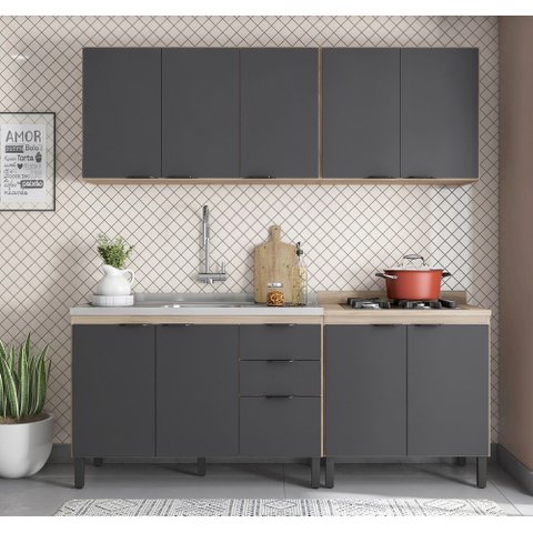 Cozinha Modulada Firenze 2,00m com Balcão P/ Pia 120m sem Tampo - Avena Touch/ Grafito Demóbile