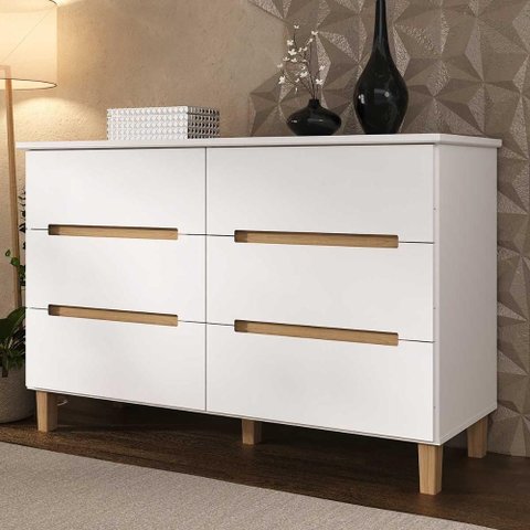 Cômoda para Quarto Casal 136cm C/ Pés 6 Gavetas 100% Mdf Cor:branco com Olmo