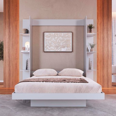 Cama de Casal Articulável Vertical com Estante Branca