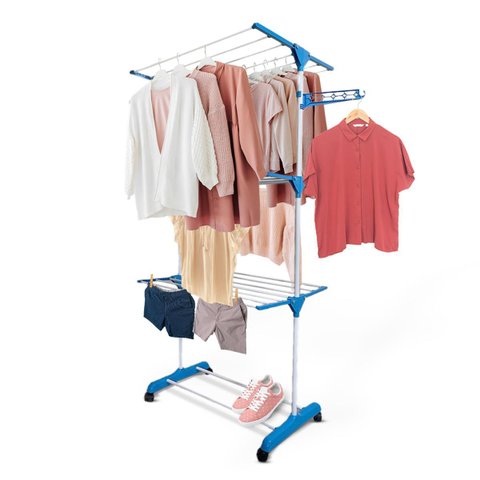 Varal Torre 3 Andares Retratil Compacto 4 Rodinhas Azul