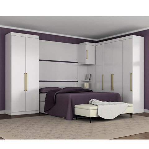 Jogo de Quarto Modulado Firenze Branco de Casal Roupeiro + Mesa de Cabeceira + Painel Queen
