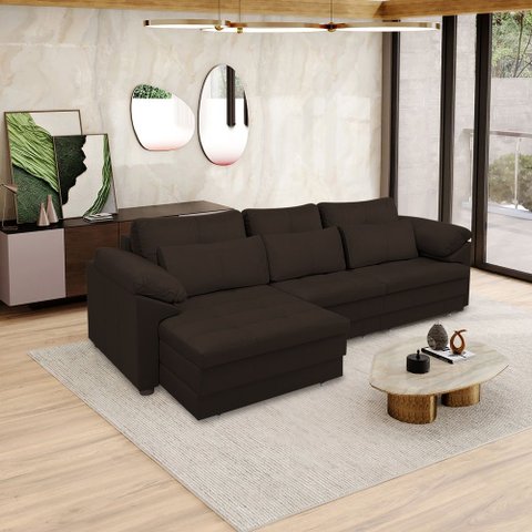 Sofá Retrátil Manual Sala de Estar Nolan Bipartido 297cm Conforto Premium em Couro Marrom G58 - Gran