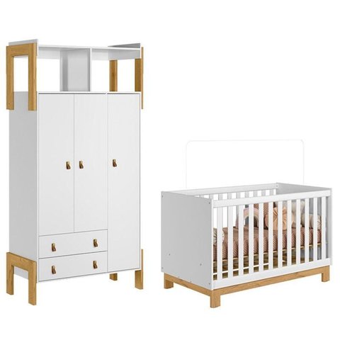 Berço Americano Mini Cama Q Encanto Slim e Guarda Roupa Fantasia Branco Acetinado – Qmovi